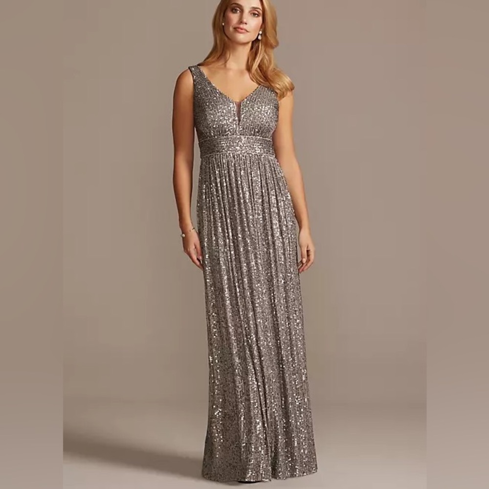 Nightway Allover Sequin Pleated Gown with Illusion Plunge
